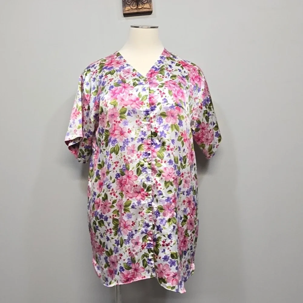 Vanity Fair Nightshirt Plus Size 2XL Floral Satin Sleepwear Cottagecore Romantic